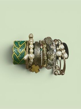 Boho Statement Bracelet Stack Lot Green Cuff Pearl Cross Silver Feather Bangle